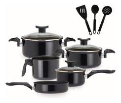 Jogo Panelas De Indução Gás Antiaderente Tampa Vidro 11 Pçs Preto