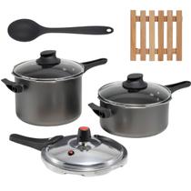 Jogo Panelas De Pressão 2 Em 1 + 02 Descansos + Colher Jogo Panelas De Pressão 2 Em 1 + 02 Descansos + Colher