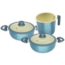 Jogo Panelas e Fervedor Cerâmica Antiaderente Indução Tampa Silicone Cooktop 3 Peças