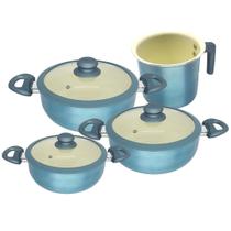 Jogo Panelas e Fervedor Cerâmica Antiaderente Indução Tampa Silicone Cooktop 4 Peças