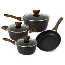 Jogo Panelas e Frigideira Antiaderente Indução Gas Eletrico Cooktop Conjunto Premium com Tampa de Vidro 4 Peças