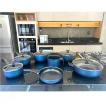 Jogo Panelas Grandes Robustas Com Wok 30 Antiaderente Teflon Azul