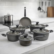 Jogo Panelas Granito Antiaderente Indução Original Orleans Conjunto Caçarolas Cozinha Lua de Mel Revestimento Granito Marmorizado Não Grudam Tampa