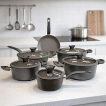 Jogo Panelas Granito Antiaderente Indução Original Orleans Conjunto Caçarolas Cozinha Lua de Mel Revestimento Granito Marmorizado Não Grudam Tampa