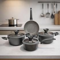 Jogo Panelas Granito Marmorizado Antiaderente Fogão Indução Conjunto Orleans Caçarolas Cozinha Lua de Mel Revestimento Cerâmico Não Grudam Tampa Vidro