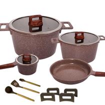 Jogo Panelas Indução Antiaderente Revestimento Mármore Cerâmico 4 peças Marrom