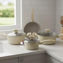 Jogo Panelas Indução Conjunto Rev Cerâmica Parma 4 Peças A5 Revestimento Antiaderente Tampa Vidro Inox Lava Louças Fogão - Bege