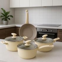 Jogo Panelas Indução Conjunto Rev Cerâmica Parma 4 Peças A5 Revestimento Antiaderente Tampa Vidro Inox Lava Louças Fogão - Bege Jogo Panelas Indução Conjunto Rev Cerâmica Parma 4 Peças A5 Revestimento Antiaderente Tampa Vidro Inox Lava Louças Fogão - Bege