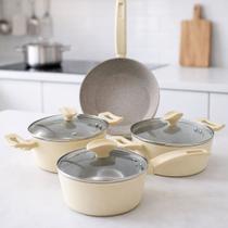 Jogo Panelas Indução Conjunto Rev Cerâmica Parma 4 Peças A5 Revestimento Antiaderente Tampa Vidro Inox Lava Louças Fogão - Bege