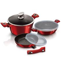 Jogo Panelas tampa vidro 6 peças Burgundy Berlinger Haus Antiaderente Aço Inox Cabo Silicone Frigideira Caçarola Cozinha Fogão Cooktop