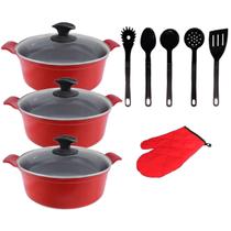 Jogo Panelas Vermelho Cerâmica Com Talher Javali AAL 26A30Cm