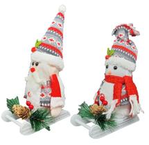 Jogo Papai Noel e Boneco de Neve Pelúcia Tricô no Trenó Decorado Pinhas 25cm - Master Christmas