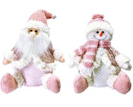 Jogo Papai Noel e Boneco de Neve Sentado Rosê Luxo Gorrinho e Cachecol Crochê 32cm - Magizi