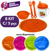 Jogo Papinha Refeição Infantil Plástico 5Pç: Prato/Colher/Garfo/Copo/Tigela Kit Com 08 Ou 10 Un