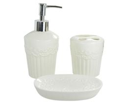 Jogo Para Banheiro Branco De Porcelana Flores Com 3 Peças