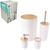 Jogo Para Banheiro Com Lixeira + Escova Sanitaria + Porta Sabonete Liquido E Porta Escova De Plastico / Bambu