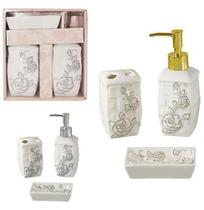 Jogo para banheiro de porcelana quadrado decorado flor com 3 pecas - Wellmix