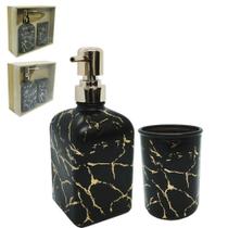 Jogo para banheiro de vidro quadrado / redondo marmore preto com 2 pecas na cai - Brilho De Diamante