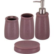 Jogo Para Banheiro Saboneteira Rosa De Cerâmica Luxo 4 Peças