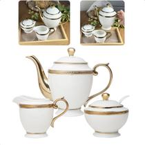 Jogo Para Café Chá 3 Peças Leiteira Açucareiro e Bule De Porcelana Paddy Branco e Dourado Luxo Wolff
