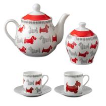 Jogo Para Café com Bule e Açucareiro 14 Peças Porcelana Estampa Dogs Jogo Para Café com Bule e Açucareiro 14 Peças Porcelana Estampa Dogs