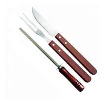 Jogo Para Churrasco Com 3 Peças Aço Inox Cabo Em Madeira