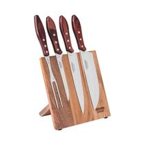 Jogo para churrasco com laminas em aço inox e cabos em madeira polywood vermelho 5 peças tramontina