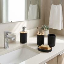 Jogo Para Lavabo Bambu Sustentável Kit Higiene Porta Objetos Saboneteira Líquida Bandeja Estilo Jogo Para Lavabo Bambu Sustentável Kit Higiene Porta Objetos Saboneteira Líquida Bandeja Estilo