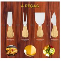 Jogo para Queijo 4 Peças Aço Inox Cabo Madeira Espetar, Cortar, Fatiar Servir