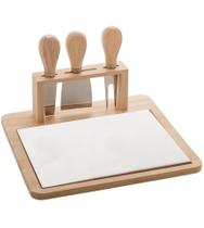 Jogo Para Queijo Tabua De Bambu E Cerâmica Com 3 Utensílios De Aço Inox E Cabo De Bambu Cheese Desig