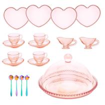 Jogo Para Servir Café / Lanche 19 Peças Cristal Pearl Rosa Modelo Coração Wolff