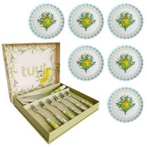 Jogo Para Servir Sobremesas 13 Peças Limão Siciliano Melaminas Aço Inox e Porcelana