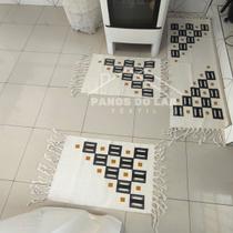 Jogo Passadeira com Nozinho 03 Peças Jogo de Tapete para Cozinha Geometrico 100% Algodão