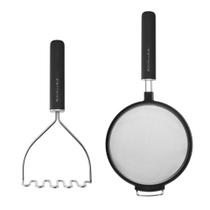 Jogo Peneira e Amassador de Batatas KitchenAid Preto Espremedor Batata Cozinha Inox Utensílios Culinários Preparar Purê Legumes Profissional