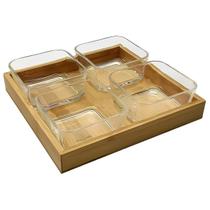 Jogo Petisqueira Bandeja Quadrada De Servir Frios E Petiscos Em Bambu Com 4 Bowls Potes De Vidro 290ml