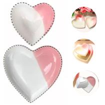 Jogo Petisqueira Bowl Mini Prato Coração Rosa em Cerâmica