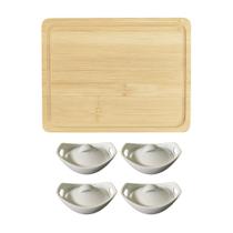Jogo Petisqueira com Molheiras 5 Peças Bambu / Porcelana Jogo Petisqueira com Molheiras 5 Peças Bambu / Porcelana