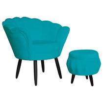 Jogo Poltrona Estofada Com 1 Puff Pés Palito Clínica Pétala Suede Azul Turquesa - LM DECOR
