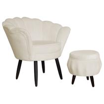 Jogo Poltrona Estofada Com 1 Puff Pés Palito Clínica Pétala Suede Bege - LM DECOR