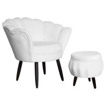 Jogo Poltrona Estofada Com 1 Puff Pés Palito Clínica Pétala Suede Branco - LM DECOR
