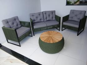 Jogo Poltronas Sofá e Mesa em Corda Náutica Cor Verde Militar Jardim Varanda Sacadas Sala Star