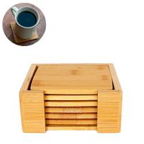 Jogo porta copos com suporte 6 bases de bambu apoio mesa escritório xícara café bebidas drinks hotel