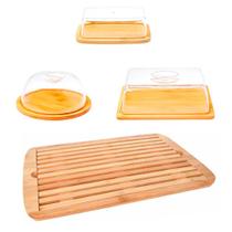Jogo Porta frios manteigueira queijeira com tampa Tábua migalheira bambu para cortar pães mesa posta