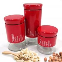 Jogo Porta Mantimentos E Condimento Inox Vidro Kit 3 Peças