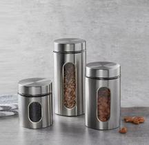 Jogo Pote Hermético Aço Inox Visor Vidro 3 Pçs Condimentos