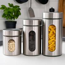 Jogo Pote Hermético Vidro e Inox com Visor 3pçs Mimo Style para Organizar Cozinha 630ml, 1L e 1,3L