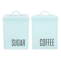 Jogo Potes De Aço Lata Azul Porta Mantimentos Açúcar + Café