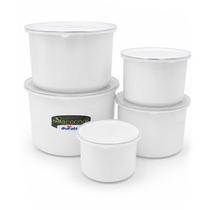 Jogo Potes Mantimentos Aço Esmaltado Tampa Branco 5 Peças Jogo Potes Mantimentos Aço Esmaltado Tampa Branco 5 Peças