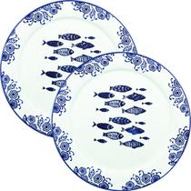 Jogo Prato Raso Jantar 6 Pessoas 6Pçs Peixe Mar Praia 31cm