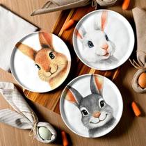 Jogo Pratos Sobremesa Sorrisos Coelho Páscoa 21,5cm Kit 3pçs